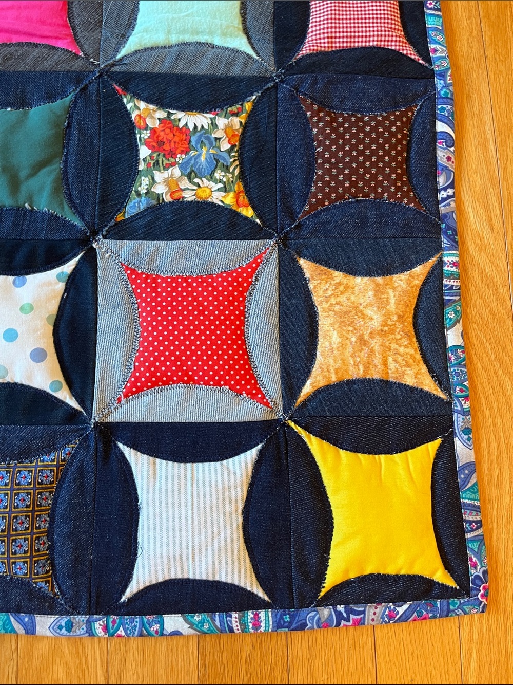 Handmade Multicolor Patchwork Cathedral Window Quilt 
Denim
Reversible - Picture 3 of 10